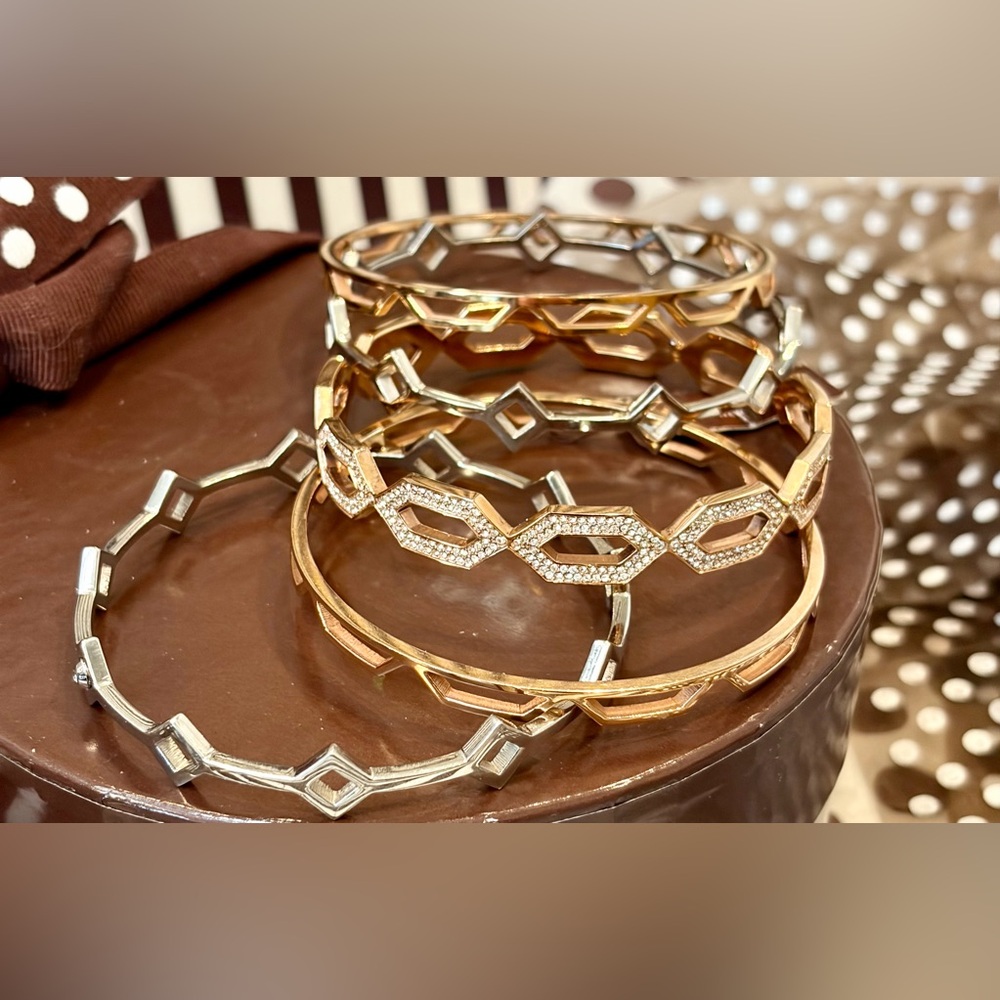 HENRI BENDEL Rose Gold/Silver-Tone Stackable Bangle Geometric/Honeycomb/Openwork - Picture 7 of 10